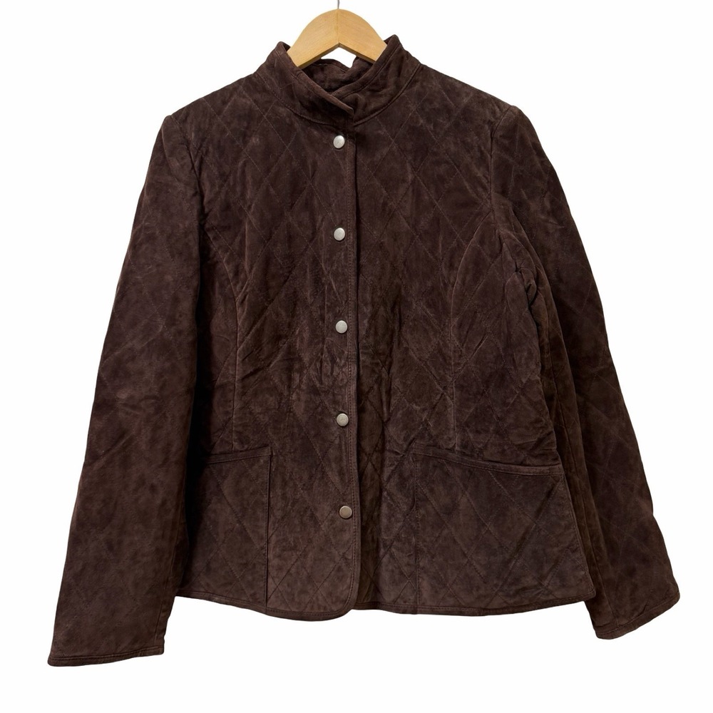 Charter Club Women Quilted Suede Leather Jacket Size L Brown Chore Barn Coat NEW